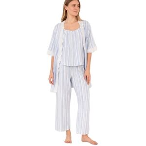 In Bloom 3 Pcs Pajamas By Jonquil Eyelet Lace Trim Blue White Stripe Feminine